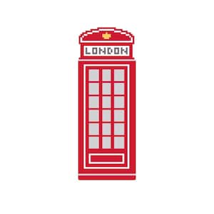 May include: A digital illustration of a red London telephone box. The box is rectangular with a curved top and a small gold star. The word "LONDON" is displayed in white letters on the top.
