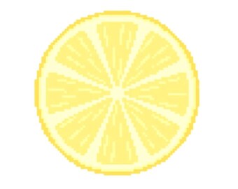 May include: A pixelated illustration of a lemon slice. The lemon is a bright yellow color with a lighter yellow center and a white background. The lemon is cut into segments.