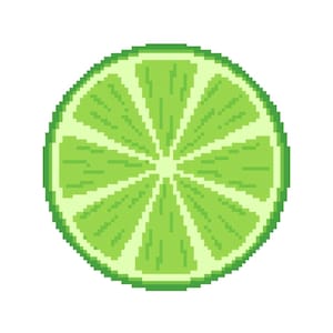Könnte beinhalten: Pixelige Illustration einer Limettenscheibe. Die Limette ist in verschiedenen Grüntönen gehalten, mit einer helleren Mitte und einem dunkleren äußeren Rand. Das Design ist einfach und grafisch, geeignet für digitale Kunst oder Themen rund ums Essen.