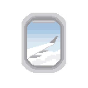 May include: Pixelated illustration of an airplane window. The window frame is gray, and the view shows a blue sky, white clouds, and a white airplane wing. The image has a retro, digital art style.