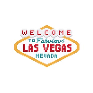 Könnte beinhalten: Pixeliges Bild des berühmten "Welcome to Fabulous Las Vegas" Schildes. Das Schild zeigt eine weiße wolkenförmige Oberseite mit dem Wort "WELCOME" in roten Buchstaben. Darunter steht auf dem Schild "TO Fabulous LAS VEGAS NEVADA" in einer Raute mit gelbem Rand.