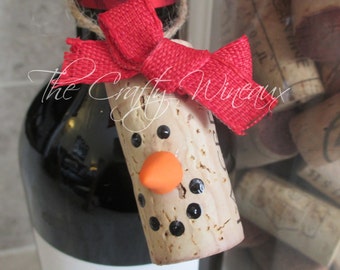 Free Shipping! Lot of 3 - Choose your color! Wine Cork Snowman Christmas Ornaments, Wine Bottle Gift Tags, Snowman Ornament, Frosty