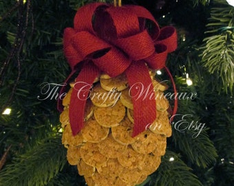 Free Shipping! Poinsettia Red Bow Wine Cork Pine Cone Christmas Ornament, Pineapple Ornaments- 100% Recycled Wine Corks, Twine Burlap Ribbon