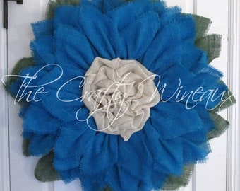 Extra Large 30" Rich Turquoise Blue Burlap Sunflower Wreath, Sunflower Door Hanger, Burlap Wreath, Spring Summer Sunflower