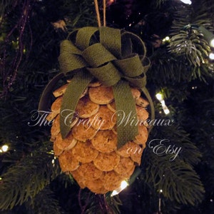 Sage Green Bow Wine Cork Pine Cone Christmas Ornament, Pineapple Ornaments - 100% Recycled Wine Corks, Twine Burlap Ribbon