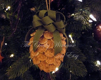 Free Shipping! Sage Green Bow Wine Cork Pine Cone Christmas Ornament, Pineapple Ornaments - 100% Recycled Wine Corks, Twine Burlap Ribbon