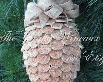 Free Shipping! Large Wine Cork Pine Cone Christmas Ornament, Pineapple Ornaments - 100% Recycled Wine Corks, Twine Hung with Burlap Ribbon