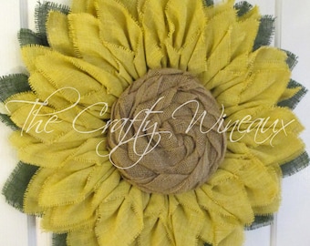 Free Shipping! Extra Thick Light Yellow Burlap Sunflower Wreath, Sunflower Door Hanger, Burlap Wreath, Spring Summer Burlap Flower Wreath