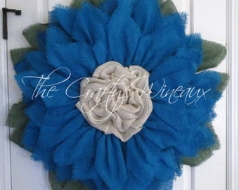 Free Shipping! Extra Large 30" Rich Turquoise Blue Burlap Sunflower Wreath, Sunflower Door Hanger, Burlap Wreath, Spring Summer Sunflower