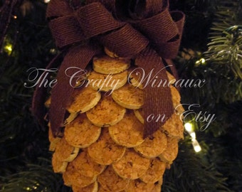 Free Shipping! Chocolate Brown Bow Wine Cork Pine Cone Christmas Ornament, Pineapple Ornaments- 100% Recycled Wine Corks Twine Burlap Ribbon