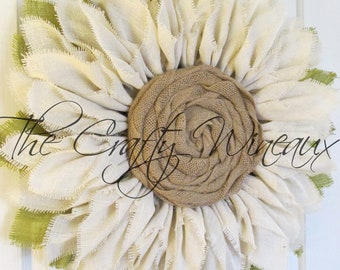 Extra Thick White Ivory Burlap Sunflower Wreath, Sunflower Door Hanger, Burlap Wreath, Spring Flower Wreath, Summer Sunflower