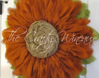 Free Shipping! Extra Thick Burnt Sienna Burlap Sunflower Wreath, Sunflower Door Hanger, Burlap Wreath, Spring Summer Sunflower Wreath