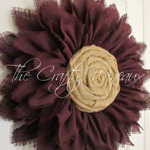 Extra Thick Burgundy Wine Burlap Sunflower Wreath, Fall Sunflower Door Hanger, Burlap Wreath, Wine Red,