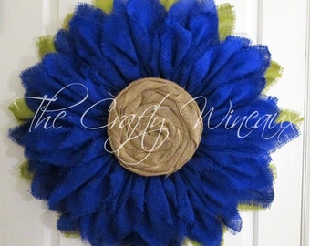 Extra Thick Royal Blue Burlap Sunflower Wreath, Sunflower Door Hanger, Burlap Wreath, Spring Flower Wreath, Summer Sunflower