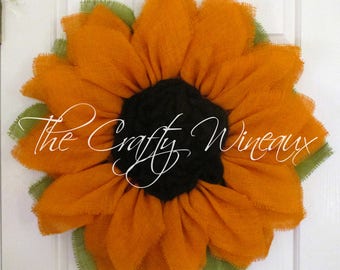 Free Shipping! Bright Orange Burlap Sunflower Wreath, Sunflower Door Hanger, Burlap Wreath, Spring Flower Wreath, Summer Sunflower