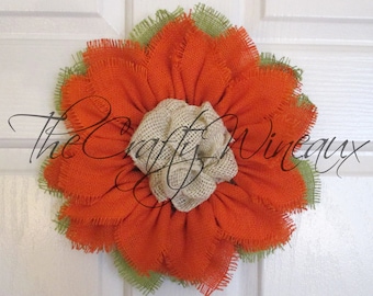 Free Shipping! Small Rich Tangerine Burlap Sunflower Wreath, Sunflower Door Hanger, Burlap Wreath, Spring Flower Wreath, Summer Sunflower