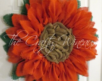 Free Shipping! Extra Thick Rich Tangerine Burlap Sunflower Wreath, Sunflower Door Hanger, Burlap Wreath, Spring Wreath, Summer Sunflower