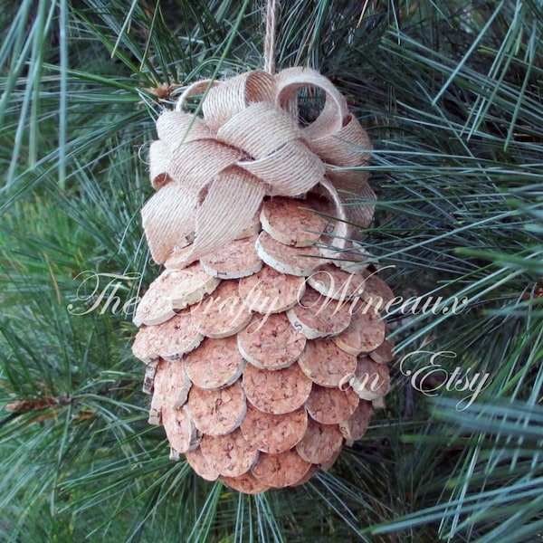 Wine Cork Pine Cone Christmas Ornament, Pineapple Ornaments - 100% Recycled Wine Corks, Twine Hung with Burlap Ribbon