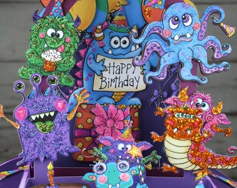 Monster Birthday Party pop-up tarjeta para niños, niño, niños