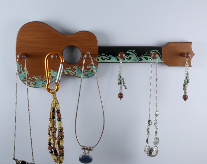 Ukulele Jewelry, Key Rack, Surfing Dolphins, Bluegreen Marble Colored
