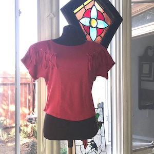 Western Style Tee - Ladies Size Small -  Gold Studded Red Fringed Top - 80s Shoulder Pads