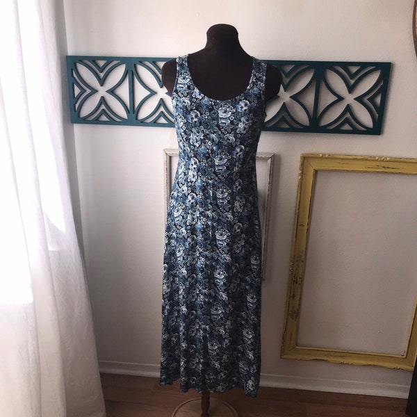 Vintage Boho Blue Floral Sleeveless Dress - Full "A" Line - Fit & Flair - Cross Lace-Down Back 3 Rows - Misses/Junior 5/6 - Below The Knee