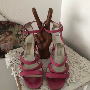 Fuchsiaroze suède sandalen met enkelbandje - dikke hak - damesmaat 7 M