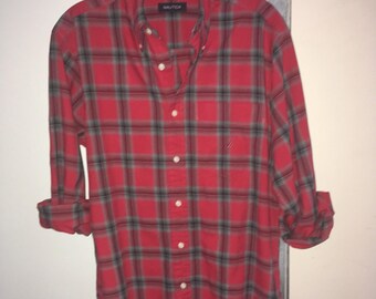 Camisa vintage Nautica de manga larga con botones - Camisa a cuadros rojos - Talla L para hombre - Azul, blanco y rojo