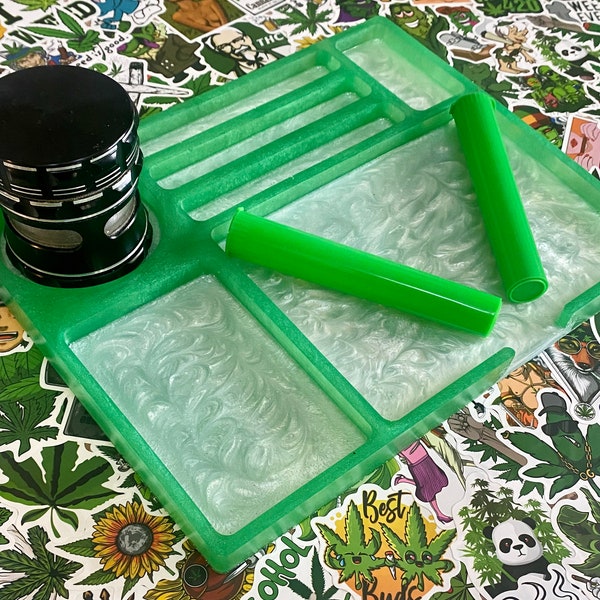 Epoxy Resin Rolling Tray -Green with white pearl - Stash Rolling Tray- Pot- 2x FREE green DOOB TUBES with purchase!- Great Christmas Gift!