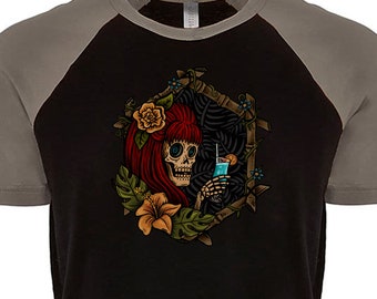 Vacation Skeleton Warm Grey & Black Raglan T-Shirt, Black Long Sleeves or Black Hoodie