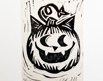 Mini Cat O'Lantern Lino block Print