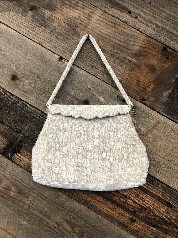 White Micro-Beaded Handbag / Handmade Beaded Handb