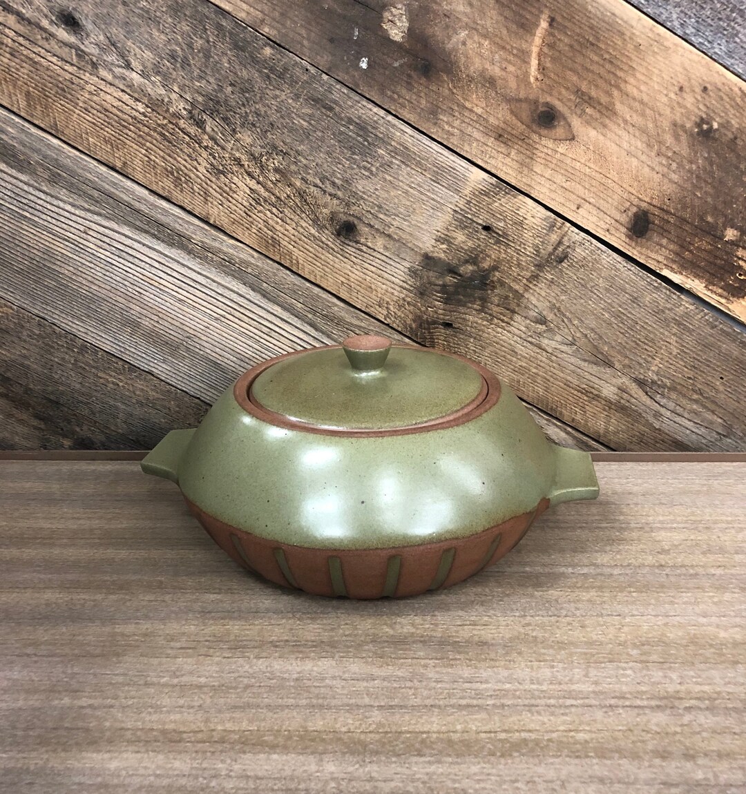 Vintage Green Pottery Casserole / Mid Century Green Pottery Dinnerware