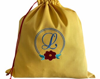 Yellow Linen Canvas Travel Laundry Bag-Embroidered Laundry Bag-Linen Canvas Bag-Travel Canvas Laundry Bag-Travel Laundry Bag-Size 16.5"x15"