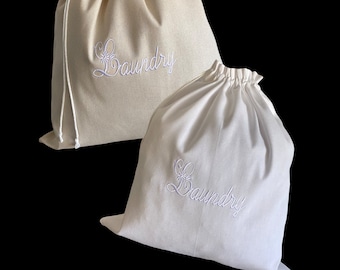 Linen Canvas Travel Laundry Bag - Embroidered Laundry Bag - Linen Canvas Bag - Travel Laundry Bag -Linen Drawstring Bag - Size 16.5"x15"