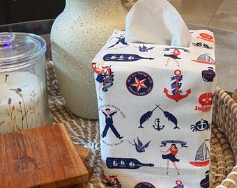 Nautical Theme Tissue Box Cover. Square Tissue box cover. Cotton Tissue Box Cover. Anchor Tissue Box Cover. Coastal Tissue Box Cover. Sailor