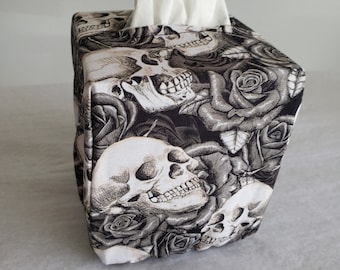 tissue box cover in Black and White skulls and roses fabric/Botter sleeve fabric / options available