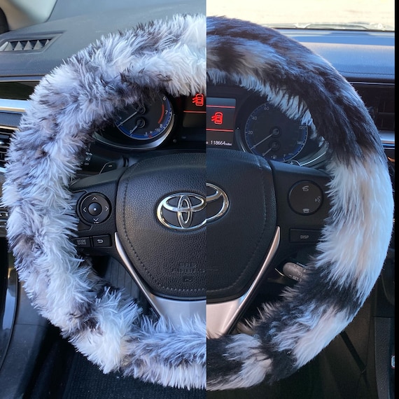 Black and White Fluffy Shaggy Faux Fur Steering Wheel Cover faux