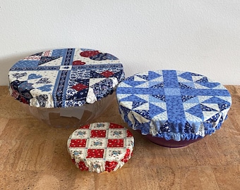 Vintage Inspired Country Patchwork Quilt Print Fabric Bowl Covers / Reusable Fabric and Mason Jar Cover / Sourdough Starter & Proofing Cover
