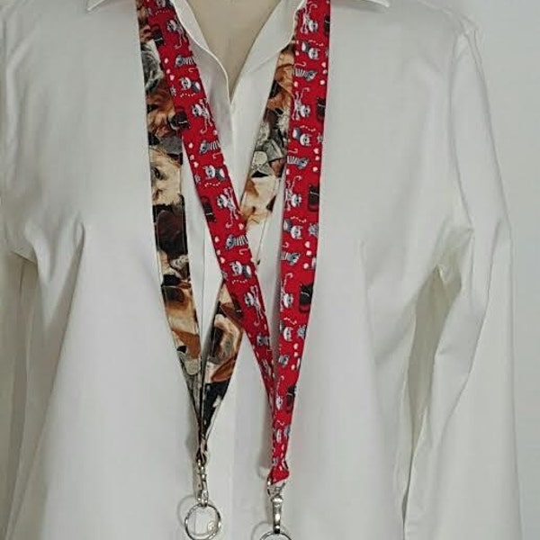 Sale ) Animal print Lanyard / Red with Cats ID holder/ Brown and Beige / Dogs Lanyard/ ID Holder/Keychain lanyard/  ID Badge Holder .