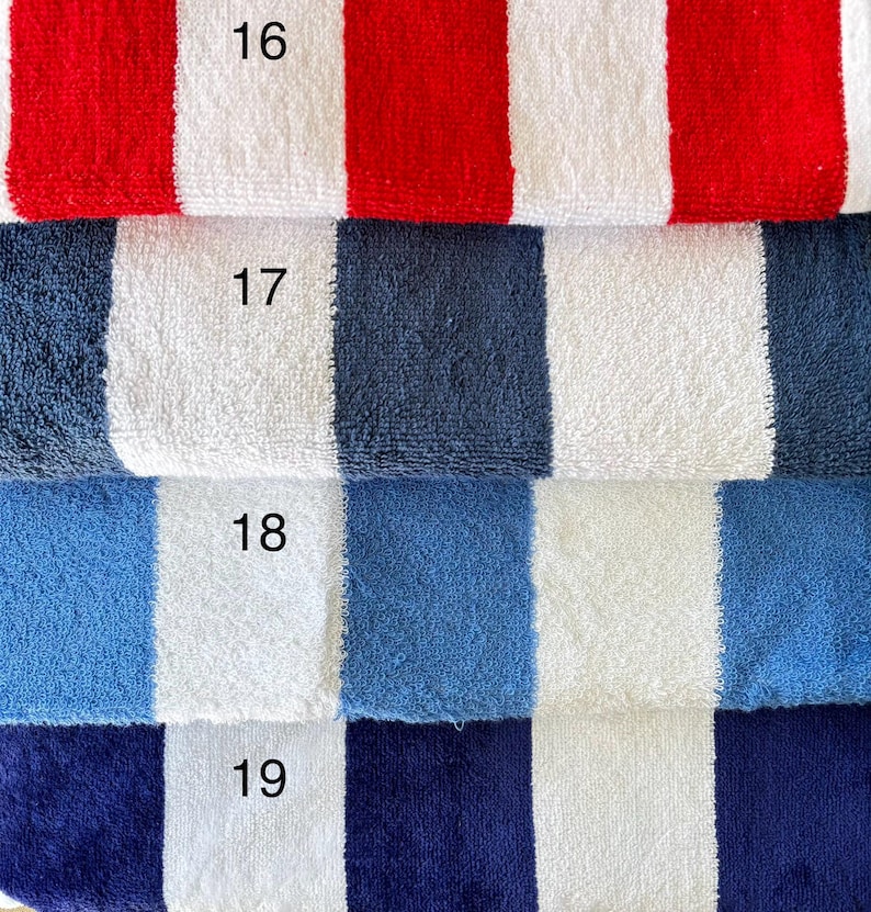 Op de afbeelding: Vier opgestapelde badhanddoeken van badstof met verticale strepen in rood, antracietgrijs, middenblauw en marineblauw, elk afgewisseld met wit. De handdoeken zijn voorzien van de nummers 16, 17, 18 en 19, in het zwart gedrukt op de witte banen.