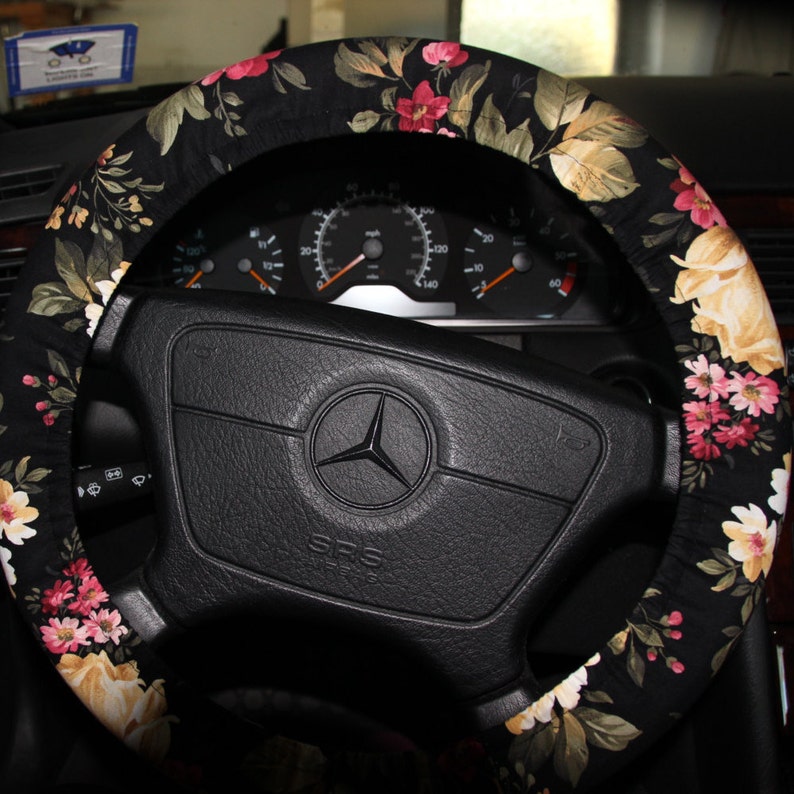 Black Floral Steering Wheel Cover Set: Cotton Fabric, Car Accessories