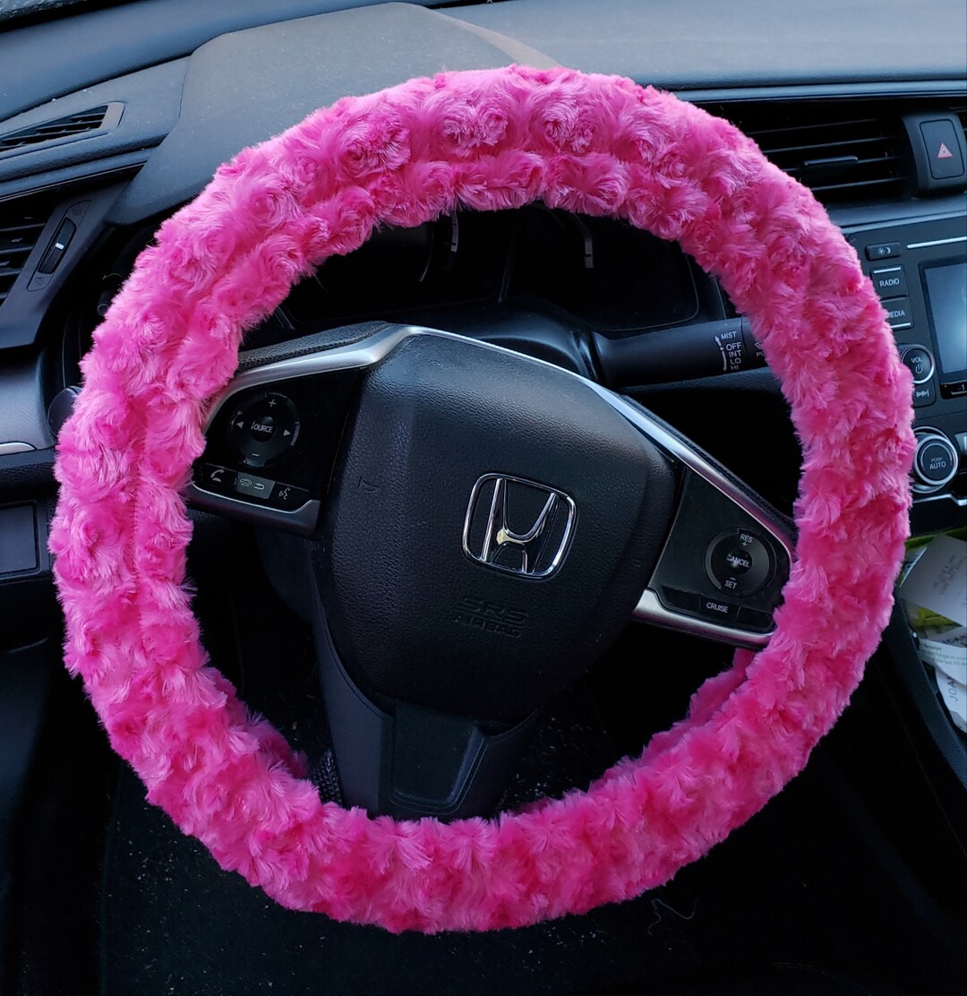 Hot Pink Minky Plush Rosette Soft Faux Fur Steering Wheel