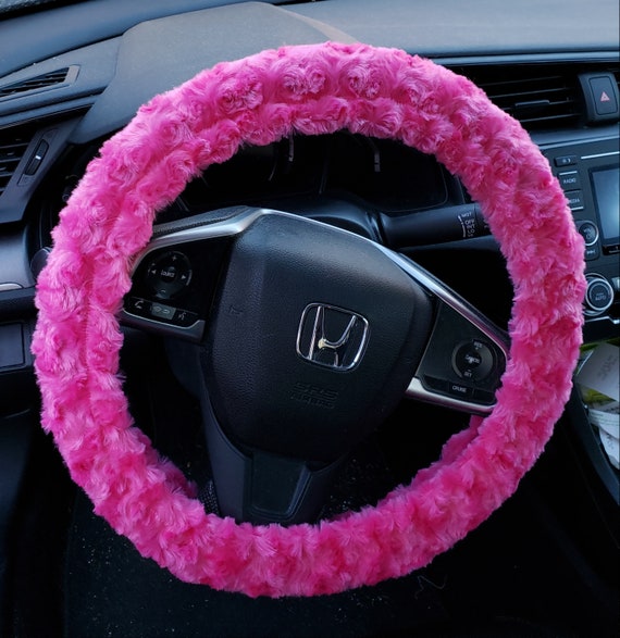 Hot Pink Minky Plush Rosette Soft Faux Fur Steering Wheel Cover