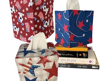 Cotton Tissue Box Cover. Square Tissue box cover. Tissue Box Cover.Fabric Tissue Cover. American Flag. Red White and Blue. Patriotic. Stars