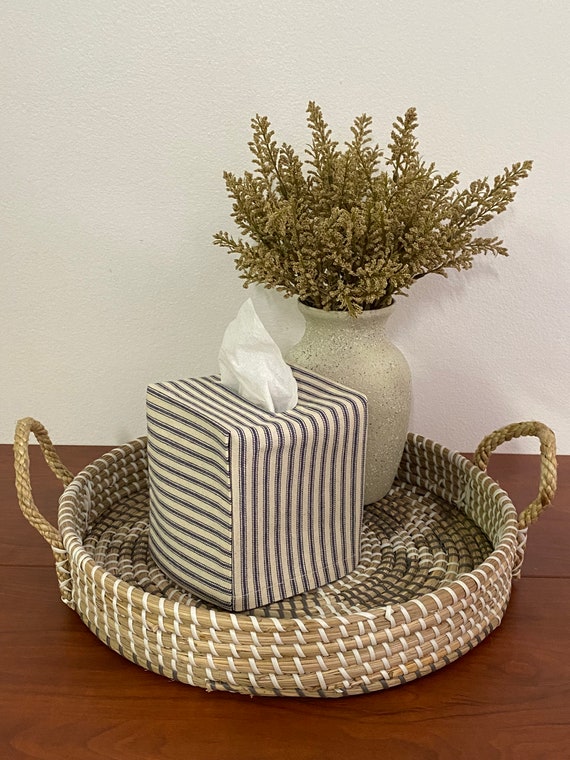 Striped Linen Tissue Box Cover.Square Tissue box cover.Tissue Box Cover.Fabric Tissue Cover. Neutral Tissue Box Cover.White Tissue Box Cover