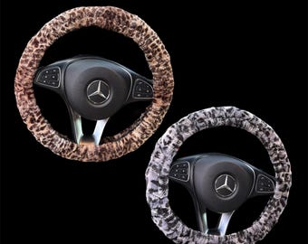 Leopard Print Faux Fur Steering Wheel Cover- Women Car Accessories- Animal Print- Soft and Plush Steering Wheel Cover - Gift Idea-Gray-Brown