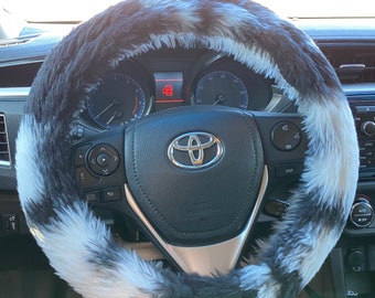Fundas De Volante Con Estampado De Vaca Esponjoso, Cálidas Y Peludas, Para Invierno, Con Funda Para Palanca De Cambios Y Freno De Mano, Aptas Para Modelos De 37 A 38 Cm