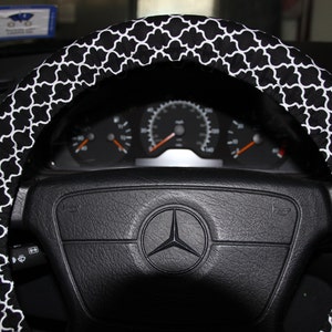 Black and White Morrocan Steering Wheel Cover  -Classic Wheel Cover - black and white quatrefoil  wheel cover