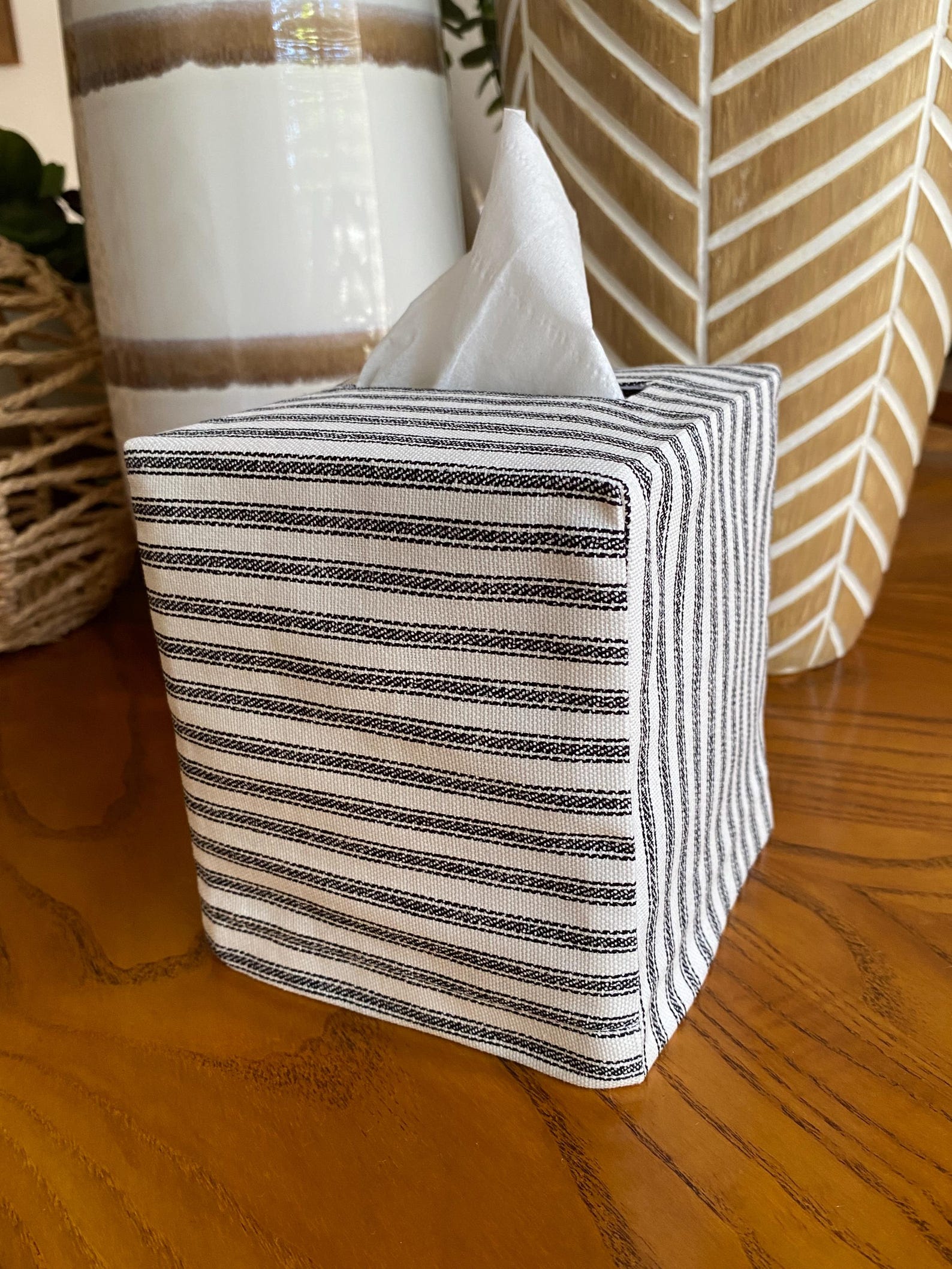 Striped Linen Tissue Box Cover.Square Tissue box cover.Tissue Box Cover.Fabric Tissue Cover. Neutral Tissue Box Cover.White Tissue Box Cover - Black, Square